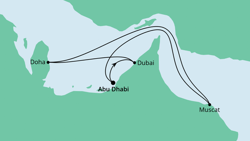 Routenverlauf für Orient ab Abu Dhabi mit AIDAnova am 31.03.22 Routenverlauf für Orient ab Abu Dhabi mit AIDAnova am 31.03.22