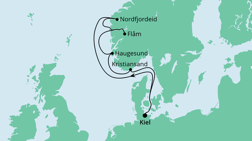 Routenverlauf für Norwegen ab Kiel 1 mit AIDAnova am 16.07.22
