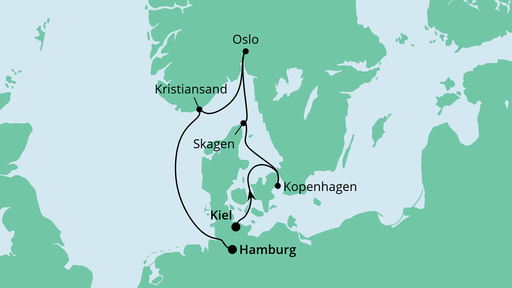 Routenverlauf für Skandinavien von Kiel nach Hamburg mit AIDAnova am 04.11.23
