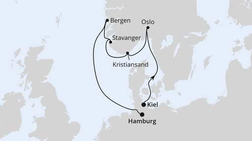 Routenverlauf für Südnorwegen von Kiel nach Hamburg mit AIDAnova am 01.11.25