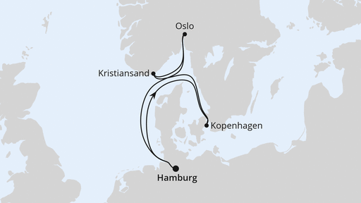 Routenverlauf für Norwegen & Dänemark ab Hamburg mit AIDAnova am 27.12.25