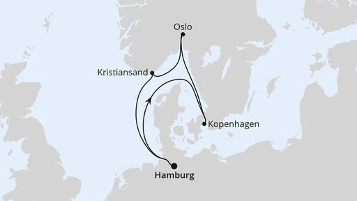 Routenverlauf für Norwegen & Dänemark ab Hamburg mit AIDAnova am 10.01.26