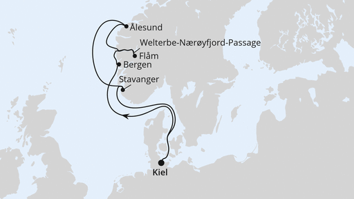 Routenverlauf für Norwegen ab Kiel mit AIDAnova am 02.05.26 Routenverlauf für Norwegen ab Kiel mit AIDAnova am 02.05.26