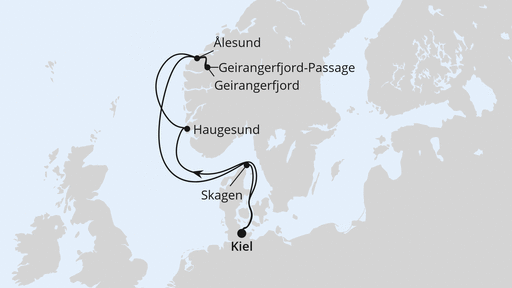 Routenverlauf für Norwegen ab Kiel mit AIDAnova am 11.07.26