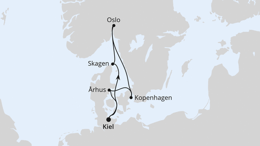 Routenverlauf für Skandinavische Highlights ab Kiel mit AIDAnova am 15.08.26 Routenverlauf für Skandinavische Highlights ab Kiel mit AIDAnova am 15.08.26