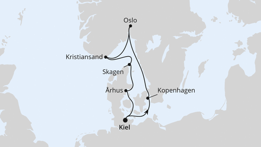 Routenverlauf für Skandinavische Highlights ab Kiel mit AIDAnova am 29.08.26 Routenverlauf für Skandinavische Highlights ab Kiel mit AIDAnova am 29.08.26
