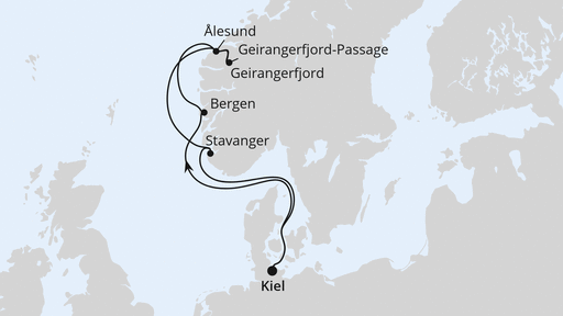 Routenverlauf für Norwegen ab Kiel mit AIDAnova am 03.10.26 Routenverlauf für Norwegen ab Kiel mit AIDAnova am 03.10.26
