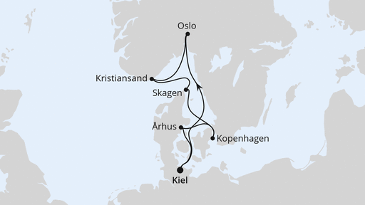 Routenverlauf für Skandinavische Highlights ab Kiel mit AIDAnova am 10.10.26 Routenverlauf für Skandinavische Highlights ab Kiel mit AIDAnova am 10.10.26