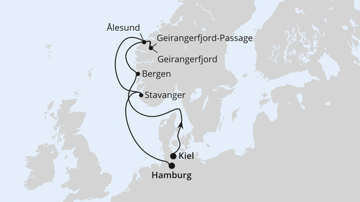 Routenverlauf für Norwegen ab Kiel mit AIDAnova am 31.10.26 Routenverlauf für Norwegen ab Kiel mit AIDAnova am 31.10.26