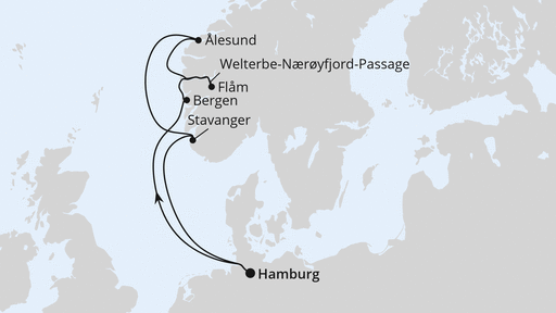 Routenverlauf für Norwegens Welterbe ab Hamburg mit AIDAnova am 01.05.27 Routenverlauf für Norwegens Welterbe ab Hamburg mit AIDAnova am 01.05.27