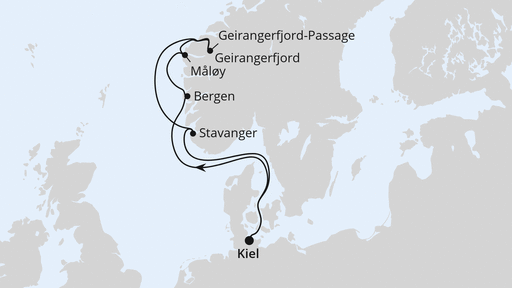 Routenverlauf für Norwegens Welterbe ab Kiel 1 mit AIDAnova am 15.05.27