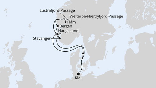 Routenverlauf für Norwegens Welterbe ab Kiel 1 mit AIDAnova am 12.06.27
