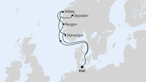 Routenverlauf für Norwegens Welterbe ab Kiel 1 mit AIDAnova am 10.07.27