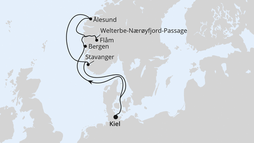 Routenverlauf für Norwegens Welterbe ab Kiel 1 mit AIDAnova am 16.10.27