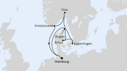Routenverlauf für Silvesterreise nach Norwegen & Dänemark ab Hamburg mit AIDAnova am 30.12.27