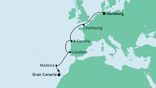 Routenverlauf für Von Gran Canaria nach Hamburg mit AIDAnova am 23.04.22 Routenverlauf für Von Gran Canaria nach Hamburg mit AIDAnova am 23.04.22