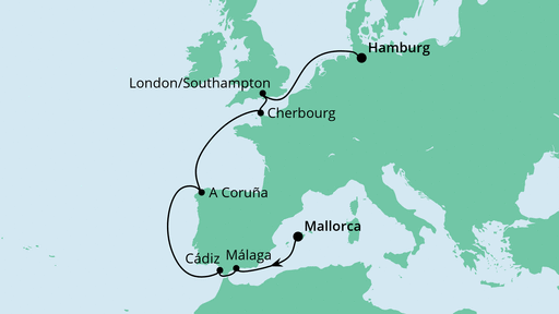 Routenverlauf für Von Mallorca nach Hamburg mit AIDAnova am 27.04.22 Routenverlauf für Von Mallorca nach Hamburg mit AIDAnova am 27.04.22