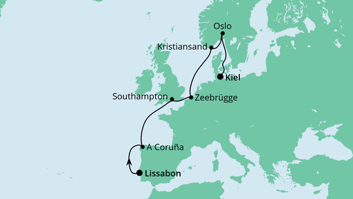 Routenverlauf für Von Lissabon nach Kiel mit AIDAnova am 19.04.23 Routenverlauf für Von Lissabon nach Kiel mit AIDAnova am 19.04.23