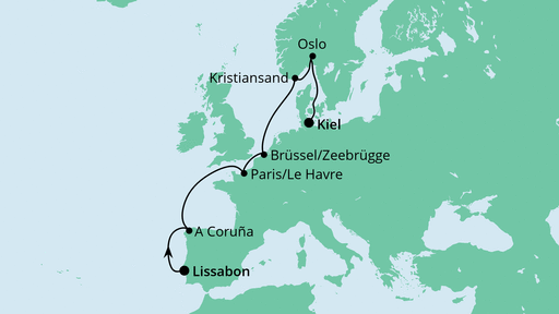 Routenverlauf für Von Lissabon nach Kiel mit AIDAnova am 24.04.24 Routenverlauf für Von Lissabon nach Kiel mit AIDAnova am 24.04.24