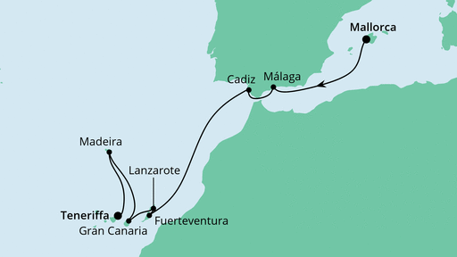 Routenverlauf für Von Mallorca nach Teneriffa mit AIDAnova am 31.10.20 Routenverlauf für Von Mallorca nach Teneriffa mit AIDAnova am 31.10.20