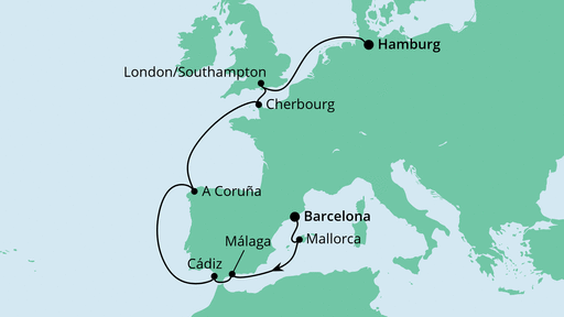 Routenverlauf für Von Barcelona nach Hamburg mit AIDAnova am 26.04.22 Routenverlauf für Von Barcelona nach Hamburg mit AIDAnova am 26.04.22