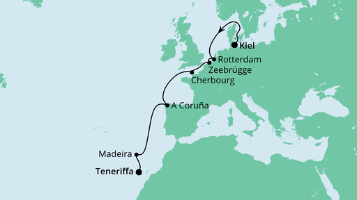 Routenverlauf für Von Kiel nach Teneriffa mit AIDAnova am 22.10.22 Routenverlauf für Von Kiel nach Teneriffa mit AIDAnova am 22.10.22