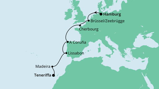 Routenverlauf für Von Hamburg nach Teneriffa mit AIDAnova am 25.11.23 Routenverlauf für Von Hamburg nach Teneriffa mit AIDAnova am 25.11.23