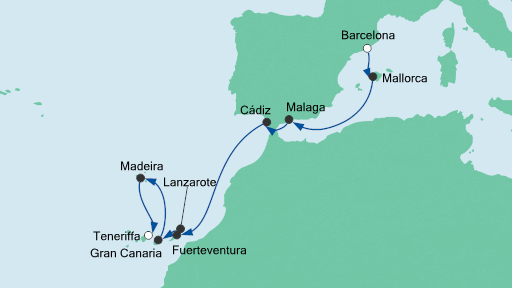 Routenverlauf für Von Barcelona nach Teneriffa mit AIDAnova am 30.10.20