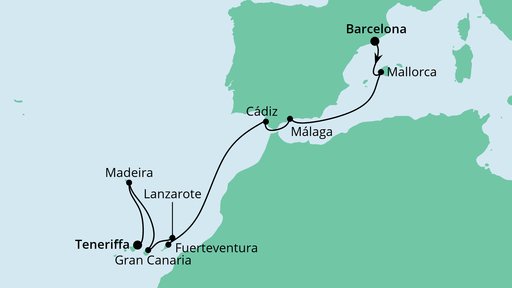 Routenverlauf für Von Barcelona nach Teneriffa mit AIDAnova am 29.10.21