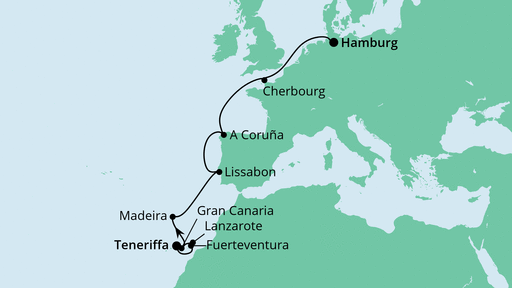 Routenverlauf für Von Teneriffa nach Hamburg mit AIDAnova am 20.04.22