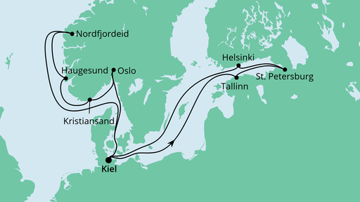 Routenverlauf für Skandinavien ab Kiel 1 mit AIDAnova am 25.06.22 Routenverlauf für Skandinavien ab Kiel 1 mit AIDAnova am 25.06.22