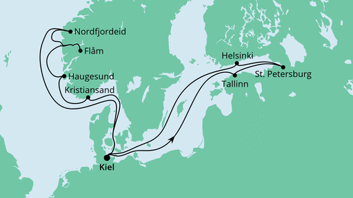 Routenverlauf für Skandinavien ab Kiel 1 mit AIDAnova am 09.07.22
