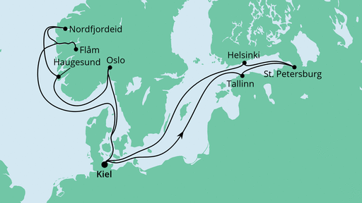 Routenverlauf für Skandinavien ab Kiel 1 mit AIDAnova am 06.08.22 Routenverlauf für Skandinavien ab Kiel 1 mit AIDAnova am 06.08.22