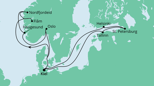 Routenverlauf für Skandinavien ab Kiel 1 mit AIDAnova am 13.08.22