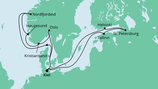 Routenverlauf für Skandinavien ab Kiel 1 mit AIDAnova am 27.08.22 Routenverlauf für Skandinavien ab Kiel 1 mit AIDAnova am 27.08.22