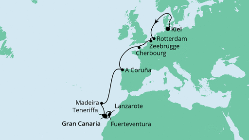 Routenverlauf für Von Kiel nach Gran Canaria mit AIDAnova am 22.10.22 Routenverlauf für Von Kiel nach Gran Canaria mit AIDAnova am 22.10.22