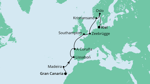 Routenverlauf für Von Gran Canaria nach Kiel mit AIDAnova am 15.04.23 Routenverlauf für Von Gran Canaria nach Kiel mit AIDAnova am 15.04.23