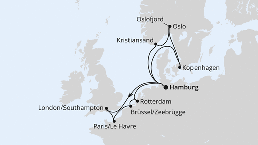 Routenverlauf für Metropolen & Skandinavien mit AIDAnova am 06.01.24 Routenverlauf für Metropolen & Skandinavien mit AIDAnova am 06.01.24