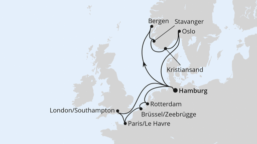 Routenverlauf für Metropolen & Südnorwegen mit AIDAnova am 24.02.24 Routenverlauf für Metropolen & Südnorwegen mit AIDAnova am 24.02.24