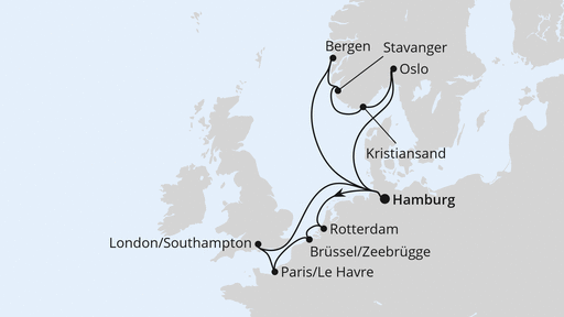 Routenverlauf für Metropolen & Südnorwegen mit AIDAnova am 02.03.24 Routenverlauf für Metropolen & Südnorwegen mit AIDAnova am 02.03.24