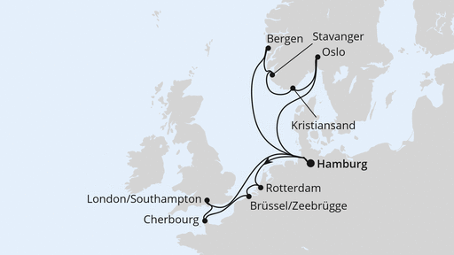 Routenverlauf für Metropolen & Südnorwegen mit AIDAnova am 16.03.24 Routenverlauf für Metropolen & Südnorwegen mit AIDAnova am 16.03.24