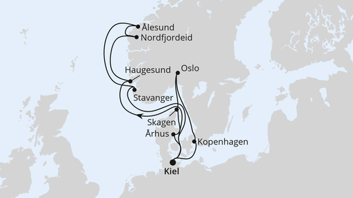 Routenverlauf für Große Skandinavien-Reise ab Kiel mit AIDAnova am 11.05.24
