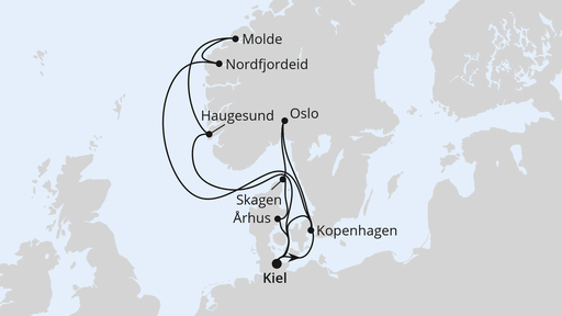 Routenverlauf für Große Skandinavien-Reise ab Kiel mit AIDAnova am 18.05.24 Routenverlauf für Große Skandinavien-Reise ab Kiel mit AIDAnova am 18.05.24
