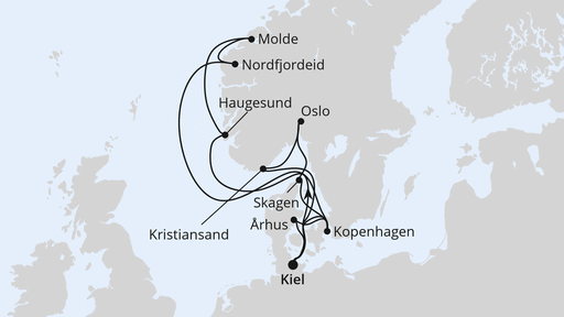 Routenverlauf für Große Skandinavien-Reise ab Kiel mit AIDAnova am 25.05.24 Routenverlauf für Große Skandinavien-Reise ab Kiel mit AIDAnova am 25.05.24