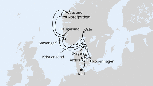 Routenverlauf für Große Skandinavien-Reise ab Kiel mit AIDAnova am 01.06.24 Routenverlauf für Große Skandinavien-Reise ab Kiel mit AIDAnova am 01.06.24