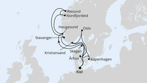 Routenverlauf für Große Skandinavien-Reise ab Kiel mit AIDAnova am 08.06.24 Routenverlauf für Große Skandinavien-Reise ab Kiel mit AIDAnova am 08.06.24