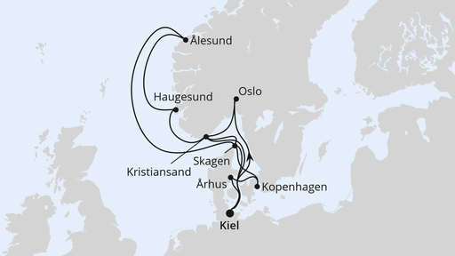 Routenverlauf für Große Skandinavien-Reise ab Kiel mit AIDAnova am 15.06.24