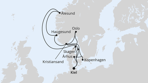 Routenverlauf für Große Skandinavien-Reise ab Kiel mit AIDAnova am 22.06.24 Routenverlauf für Große Skandinavien-Reise ab Kiel mit AIDAnova am 22.06.24