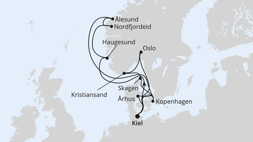 Routenverlauf für Große Skandinavien-Reise ab Kiel mit AIDAnova am 06.07.24 Routenverlauf für Große Skandinavien-Reise ab Kiel mit AIDAnova am 06.07.24