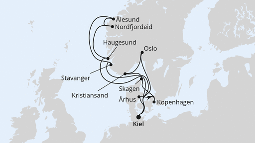 Routenverlauf für Große Skandinavien-Reise ab Kiel mit AIDAnova am 13.07.24 Routenverlauf für Große Skandinavien-Reise ab Kiel mit AIDAnova am 13.07.24